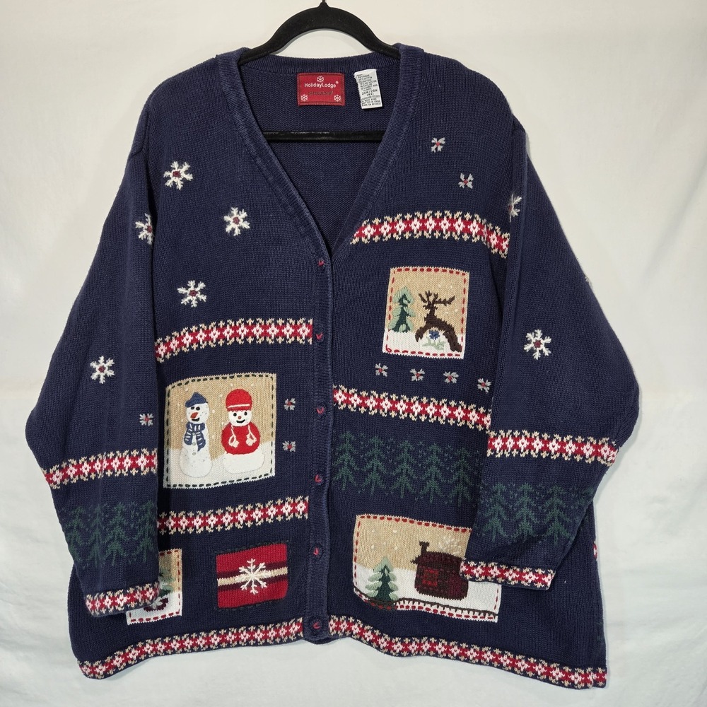 Holiday Lodge Christmas Sweater Women 4XL Blue Cardigan Embroidered Vintage